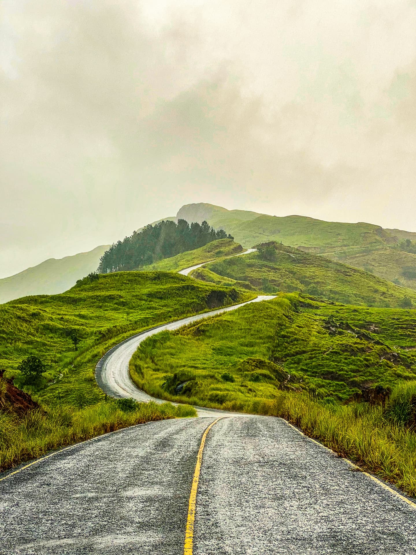 A winding road moving through green hills toward a distant horizon