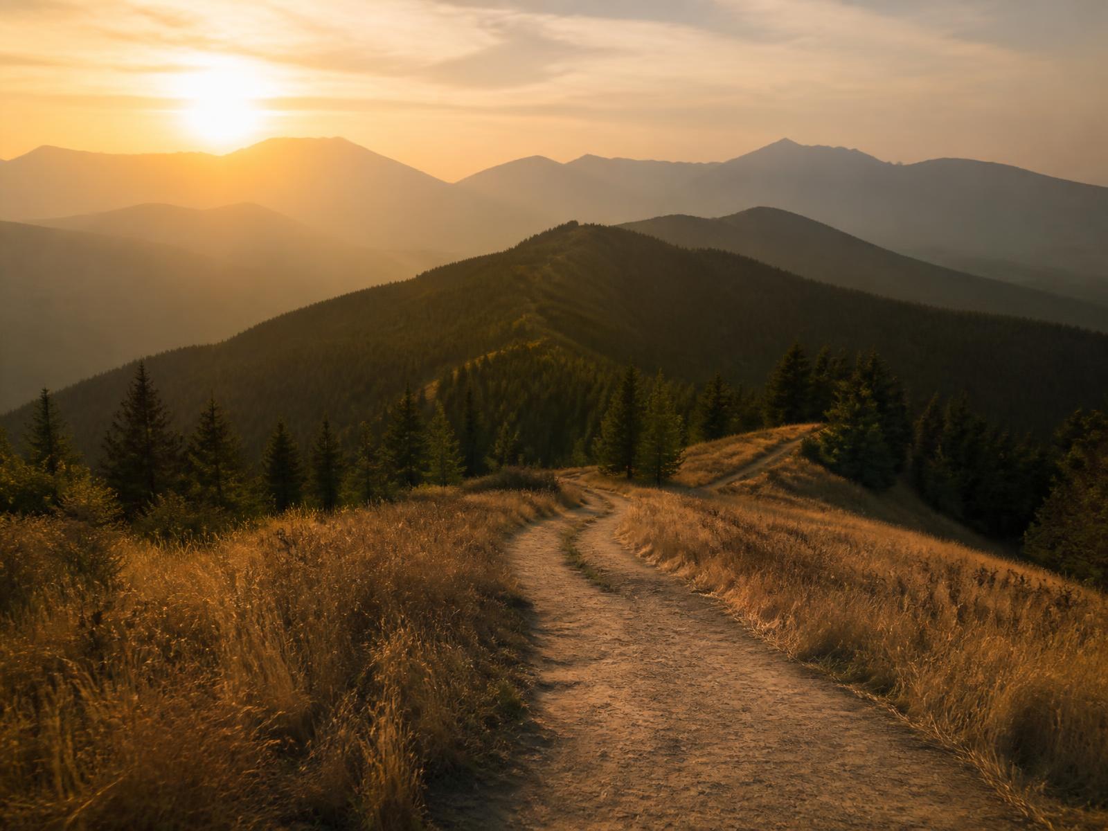 A winding path leading toward distant mountain ridges at golden hour